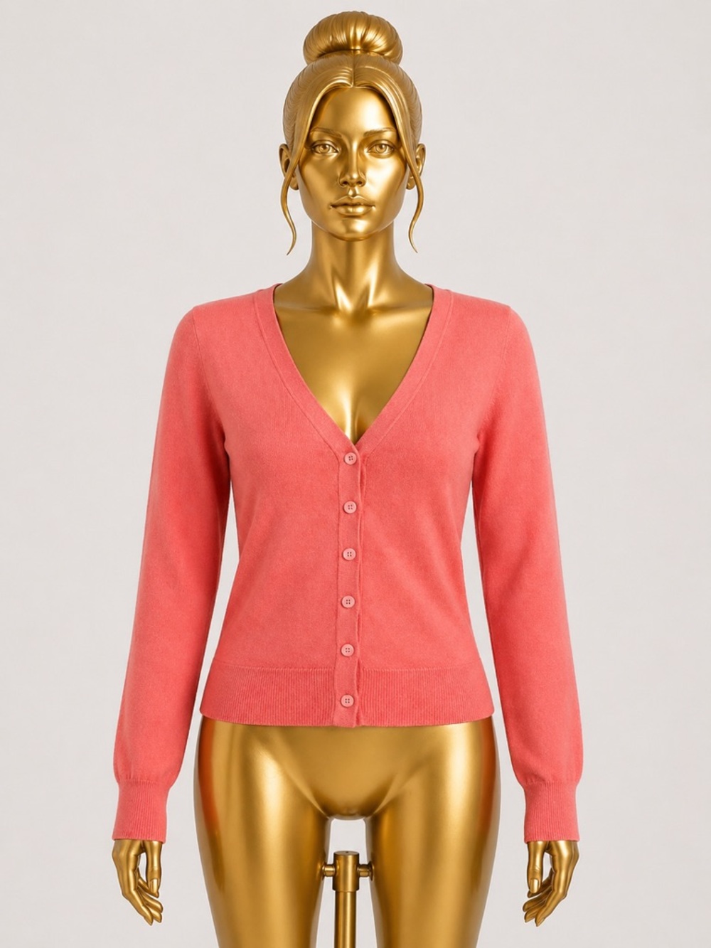 Elegant Coral V-Neck Cardigan Sweater